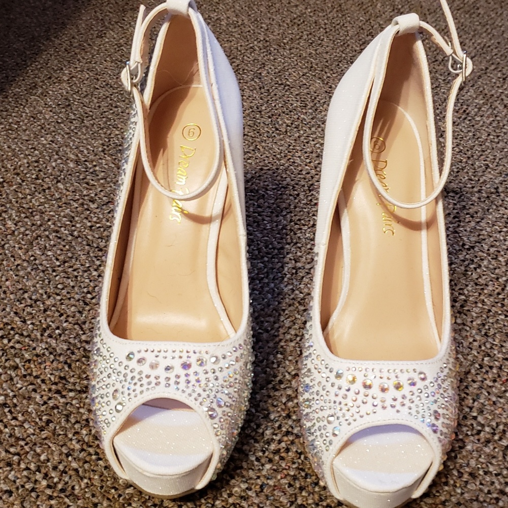 White sequine peep toe pumps
